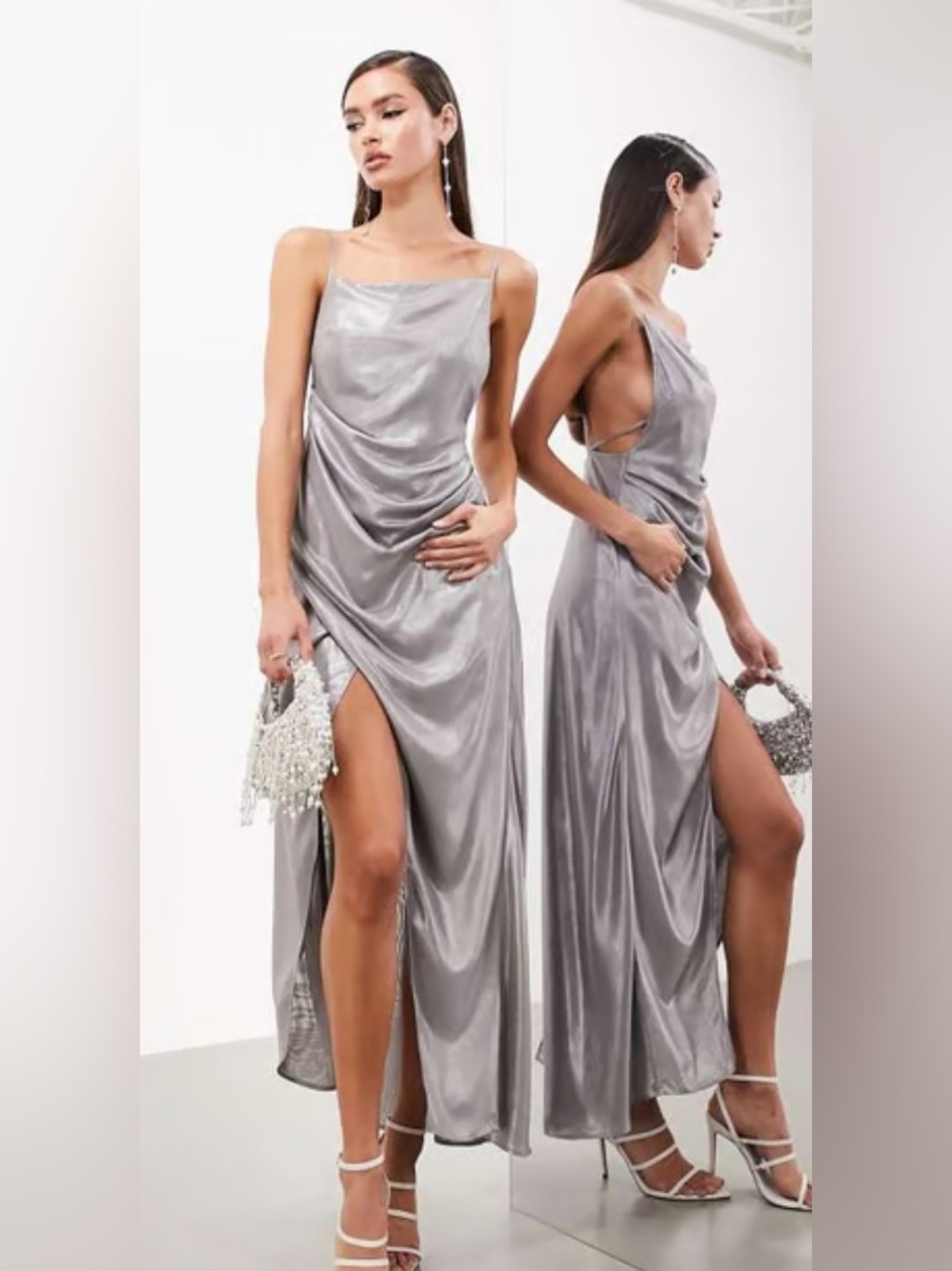 New ASOS EDITION Silver Metallic Draped Maxi Dress Gown 14 Formal Cocktail Party